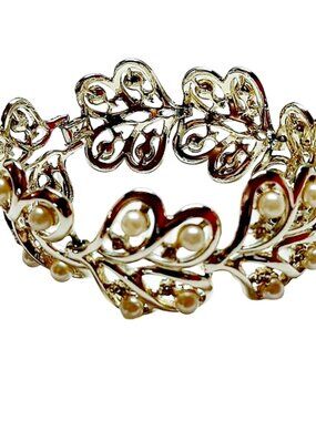 1960s Vintage Gold Tone Open Work Link Bracelet With Pearls And Rhinestones